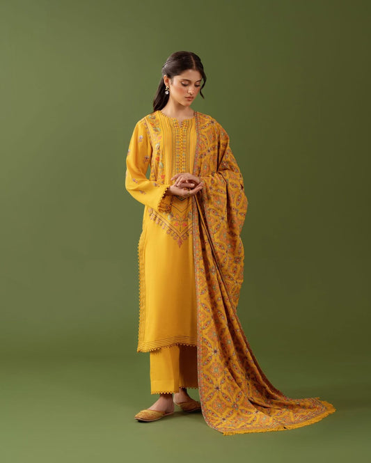 3-piece Dhanak Suit with Heavy Embroidered Shawl
